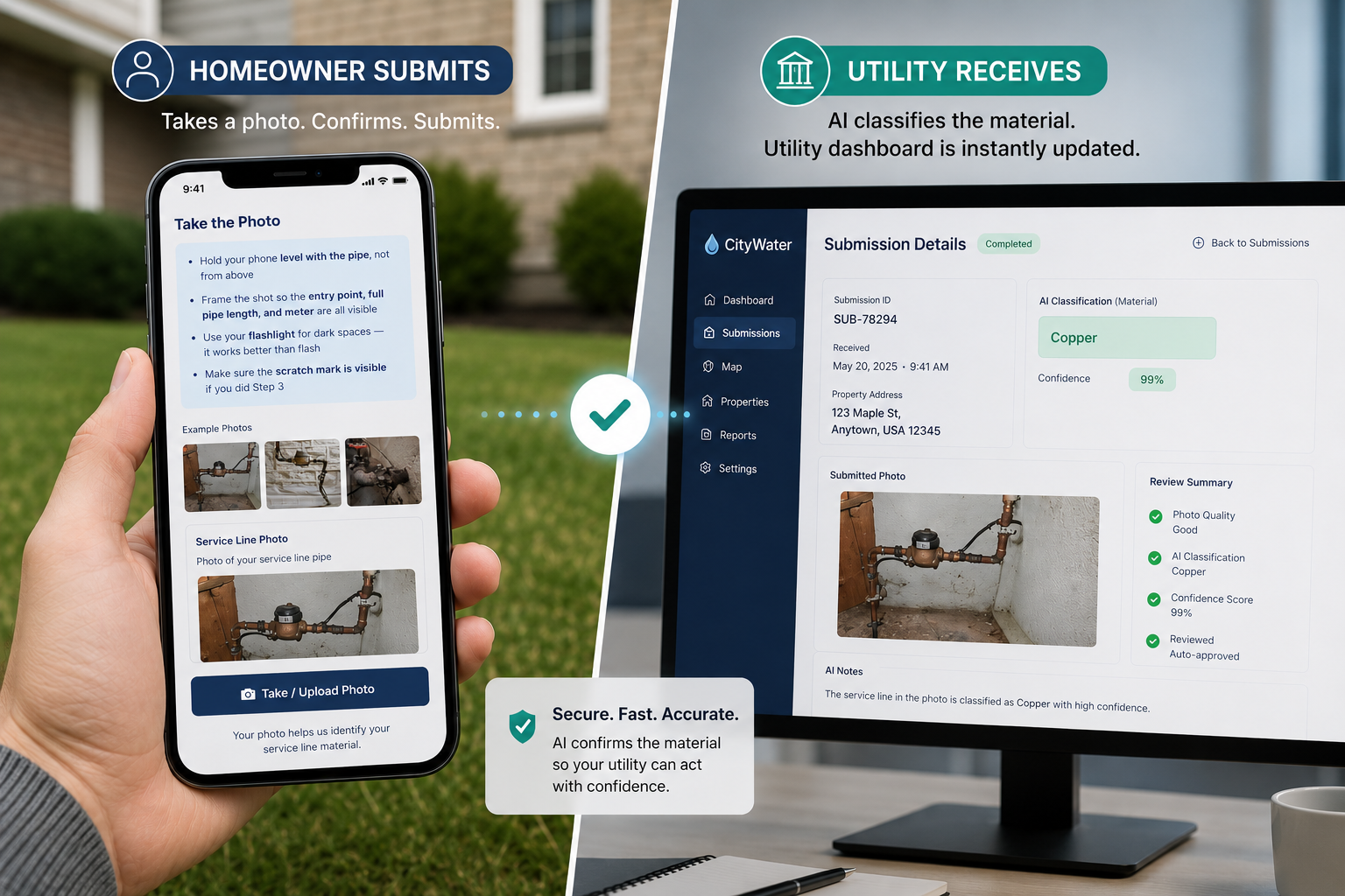 Service ID workflow: homeowner submits service line photo, AI classifies the material, utility receives verified data.